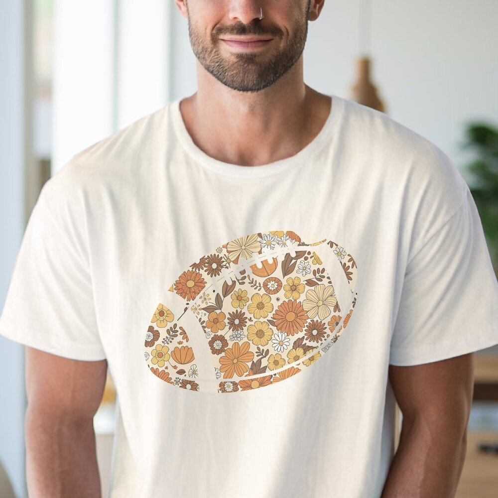 Flower Football Graphic Tee Boho Sports Shirt Fall Game Day Athletic Top - Picture 4 of 6